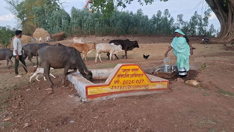 ग्रामीण जल-पात्र के पास भैंसें, गायें और दो लोग; आगे ‘जल गंगा संवर्धन अभियान’ लिखा बोर्ड
